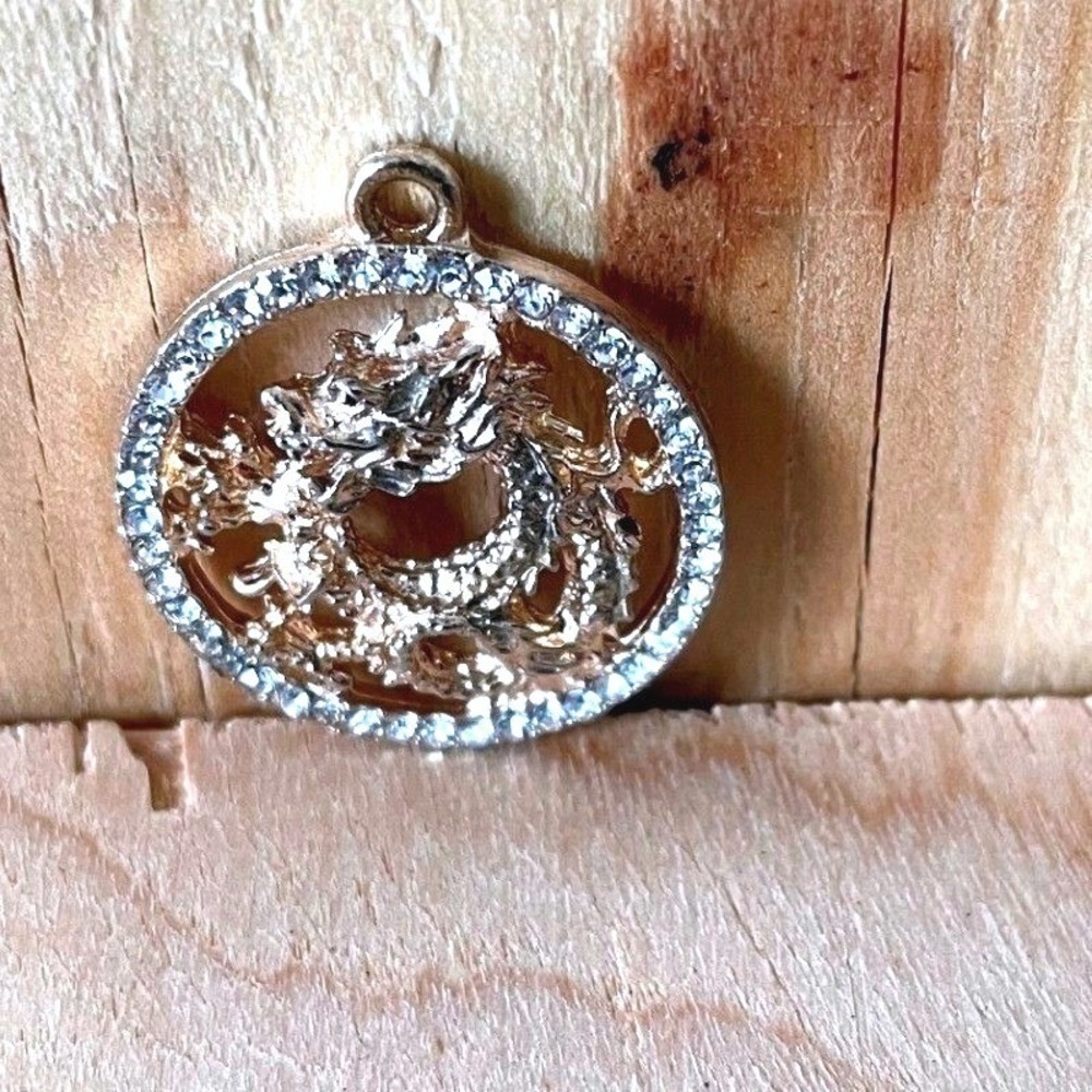 Gold Tone Rhinestone Pave Dragon Circular Openwork Pendant Charm